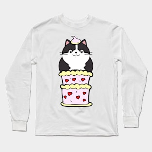 Funny fat cat jumping out of a cake Long Sleeve T-Shirt